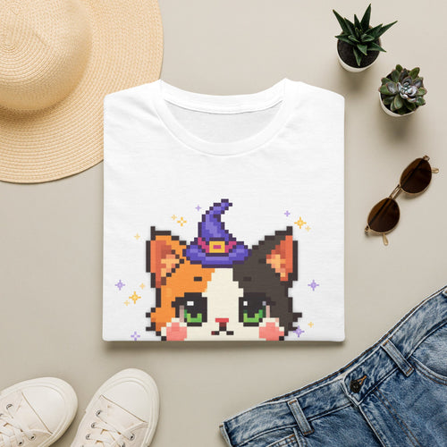Unisex Cat Witch T-Shirt — Cute Calico Kitten in Witch Hat Pixel Art T-Shirt