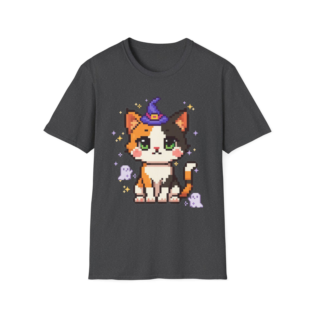Unisex Cat Witch T-Shirt — Cute Calico Kitten in Witch Hat Pixel Art T-Shirt