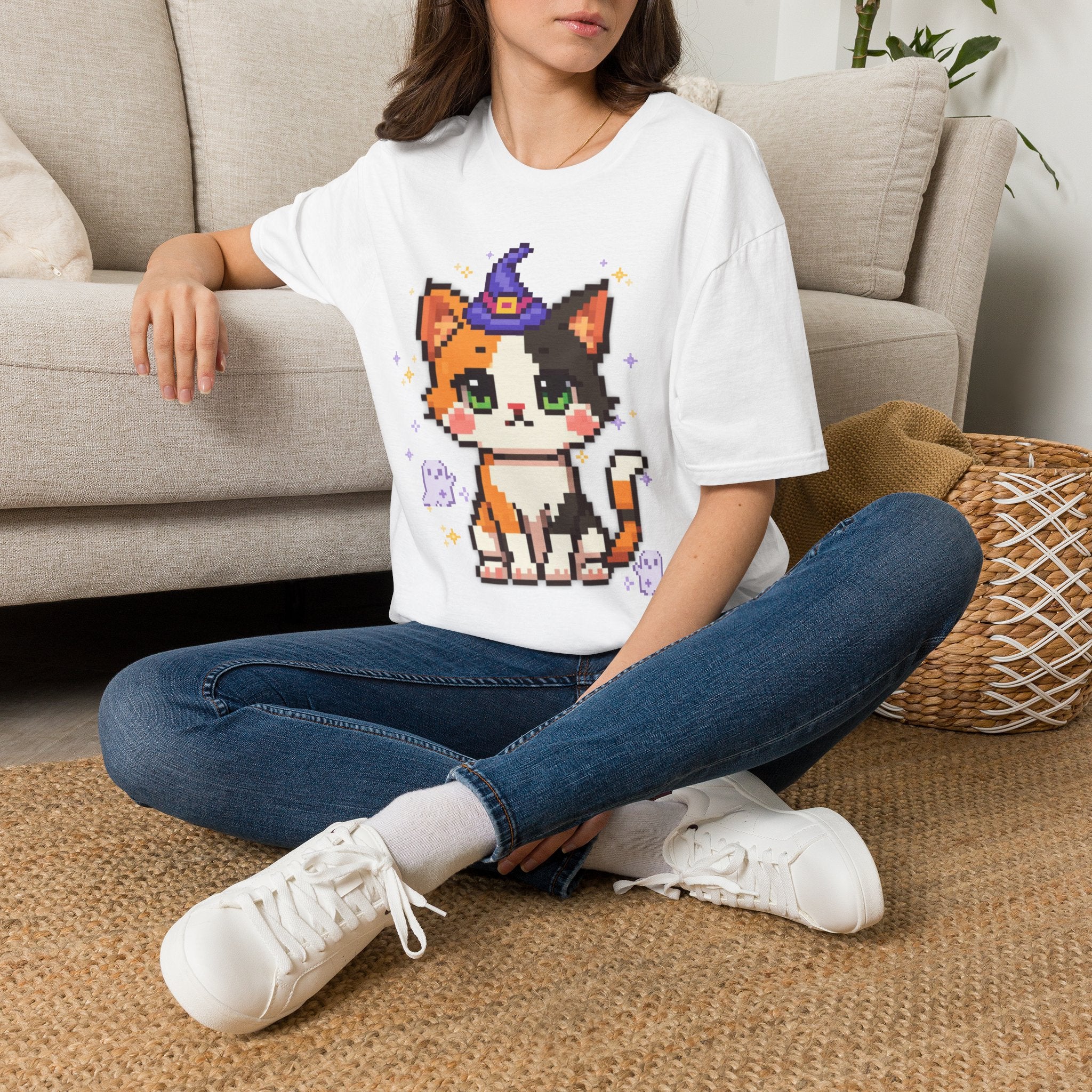 Unisex Cat Witch T-Shirt — Cute Calico Kitten in Witch Hat Pixel Art T-Shirt